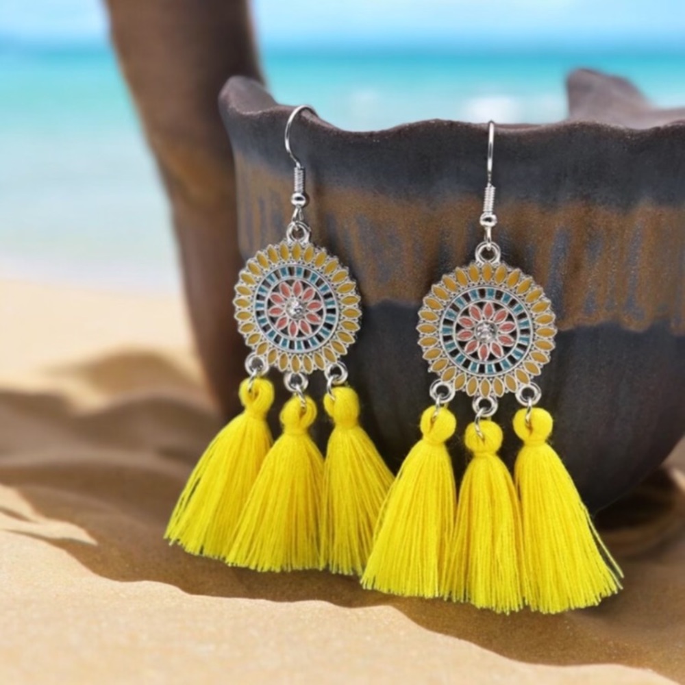 Yellow geometric boho dream catcher drop earrings